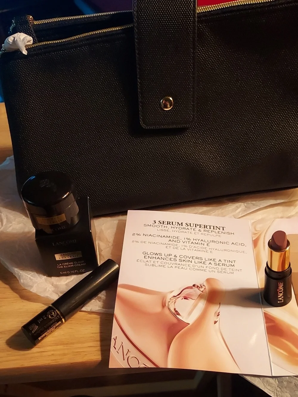 Lancome Women Makeup Bag/Black Mascara,Lipstick,Elixir Cream